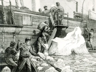 Die Arktische Expedition beim Wasserholen von einem Eisberg, aus 